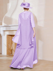 Robe en Mousseline à Col Illusion avec Veste Lilas Grande Taille