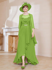 Robe en Mousseline à Col Illusion avec Veste Vert Citron Grande Taille