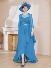Robe en Mousseline à Col Illusion avec Veste Bleu Océan
