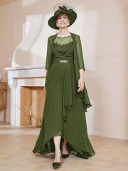 Robe en Mousseline à Col Illusion avec Veste Olive Verte