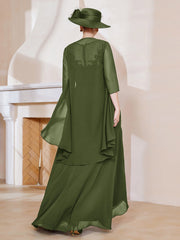 Robe en Mousseline à Col Illusion avec Veste Olive Verte