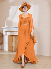 Robe en Mousseline à Col Illusion avec Veste Orange