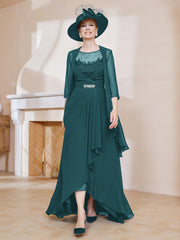 Robe en Mousseline à Col Illusion avec Veste Paon
