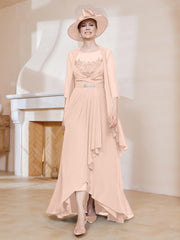 Robe en Mousseline à Col Illusion avec Veste Rose Perle