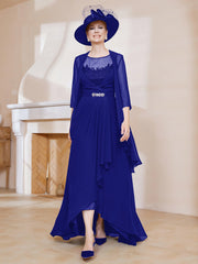 Robe en Mousseline à Col Illusion avec Veste Bleu Royale