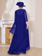 Robe en Mousseline à Col Illusion avec Veste Bleu Royale Grande Taille