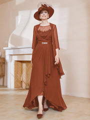 Robe en Mousseline à Col Illusion avec Veste Rouille Grande Taille