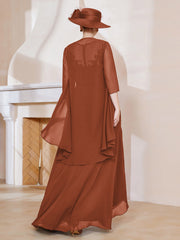 Robe en Mousseline à Col Illusion avec Veste Rouille Grande Taille