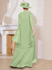 Robe en Mousseline à Col Illusion avec Veste Sauge Grande Taille