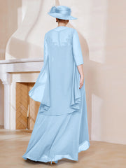 Robe en Mousseline à Col Illusion avec Veste Bleu Ciel Grande Taille