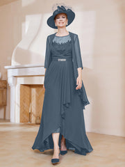 Robe en Mousseline à Col Illusion avec Veste Bleu de Schiste