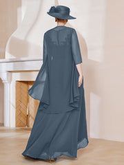 Robe en Mousseline à Col Illusion avec Veste Bleu de Schiste