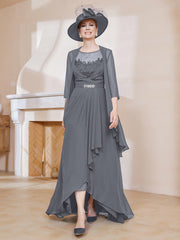 Robe en Mousseline à Col Illusion avec Veste Gris Acier Grande Taille