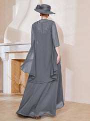 Robe en Mousseline à Col Illusion avec Veste Gris Acier Grande Taille