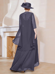 Robe en Mousseline à Col Illusion avec Veste Orageux Grande Taille