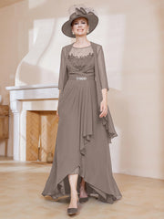 Robe en Mousseline à Col Illusion avec Veste Taupe Grande Taille