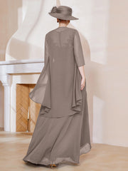 Robe en Mousseline à Col Illusion avec Veste Taupe