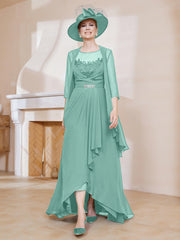 Robe en Mousseline à Col Illusion avec Veste Turquoise