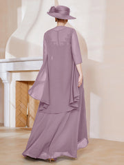 Robe en Mousseline à Col Illusion avec Veste Vintage Mauve Grande Taille