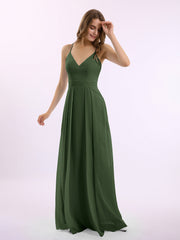 Spaghetti Bretelle Col En V Mousseline Tenues Avec Poche Olive Verte