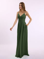 Spaghetti Bretelle Col En V Mousseline Tenues Avec Poche Olive Verte Grande Taille