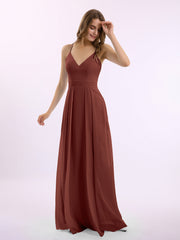 Spaghetti Bretelle Col En V Mousseline Tenues Avec Poche terracotta