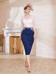 Robe Fourreau à Col Illusion Longueur de Mollet Bleu Marine Grande Taille