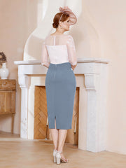Robe Fourreau à Col Illusion Longueur de Mollet Bleu Poudré