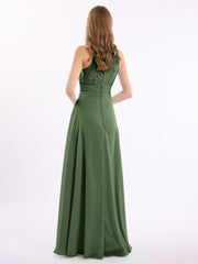 Dentelle Profond Col En V Et Dos Mousseline Robes Longues Olive Verte