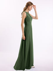 Dentelle Profond Col En V Et Dos Mousseline Robes Longues Olive Verte