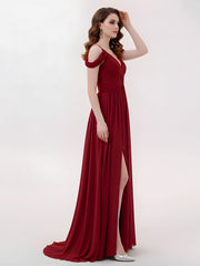 Profond Col en V Sexy Mousseline Robe avec Fente Bordeaux