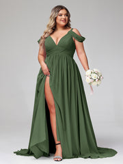 Profond Col en V Sexy Mousseline Robe avec Fente Olive Verte Grande Taille