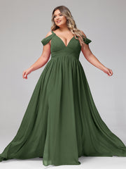 Profond Col en V Sexy Mousseline Robe avec Fente Olive Verte Grande Taille