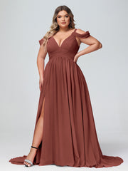 Profond Col en V Sexy Mousseline Robe avec Fente terracotta Grande Taille