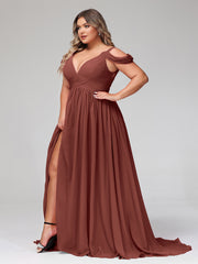 Profond Col en V Sexy Mousseline Robe avec Fente terracotta Grande Taille