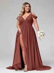 Profond Col en V Sexy Mousseline Robe avec Fente terracotta Grande Taille