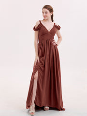 Profond Col en V Sexy Mousseline Robe avec Fente terracotta