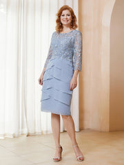 Robe Fourreau en Mousseline et Dentelle à Manches Longues avec Longueur de Mollet Bleu Poudré Grande Taille