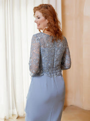 Robe Fourreau en Mousseline et Dentelle à Manches Longues avec Longueur de Mollet Bleu Poudré Grande Taille