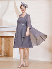 Robe de A-ligne en Mousseline à Encolure Carrée Longueur aux Genoux avec Veste Gris Acier Grande Taille