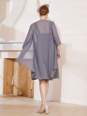 Robe de A-ligne en Mousseline à Encolure Carrée Longueur aux Genoux avec Veste Gris Acier Grande Taille