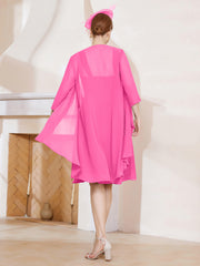 Robe de A-ligne en Mousseline à Encolure Carrée Longueur aux Genoux avec Veste Azalée Grande Taille