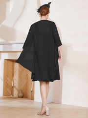 Robe de A-ligne en Mousseline à Encolure Carrée Longueur aux Genoux avec Veste Noir Grande Taille