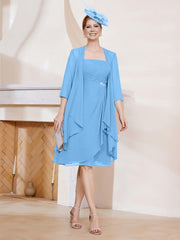 Robe de A-ligne en Mousseline à Encolure Carrée Longueur aux Genoux avec Veste Bleu