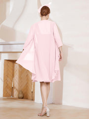 Robe de A-ligne en Mousseline à Encolure Carrée Longueur aux Genoux avec Veste Rose Pâle Grande Taille