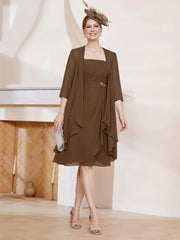 Robe de A-ligne en Mousseline à Encolure Carrée Longueur aux Genoux avec Veste Brun