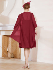 Robe de A-ligne en Mousseline à Encolure Carrée Longueur aux Genoux avec Veste Bordeaux