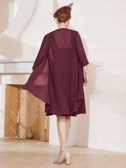 Robe de A-ligne en Mousseline à Encolure Carrée Longueur aux Genoux avec Veste Cabernet Grande Taille