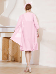 Robe de A-ligne en Mousseline à Encolure Carrée Longueur aux Genoux avec Veste Rose Bonbon