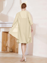 Robe de A-ligne en Mousseline à Encolure Carrée Longueur aux Genoux avec Veste Champagne